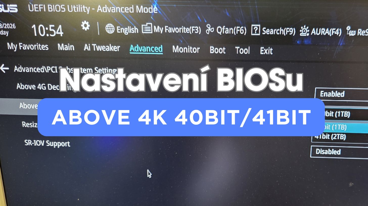 Rozbalená nabídka Above 4GB MMIO Limit v UEFI BIOSu desky ASUS s volbami 40bit 1TB a 41bit 2TB