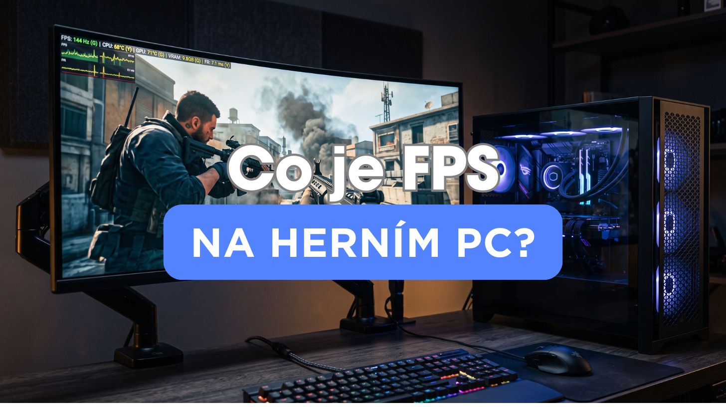 Herní monitor s překryvnou statistikou snímků za sekundu vedle herního počítače s prosklenou bočnicí