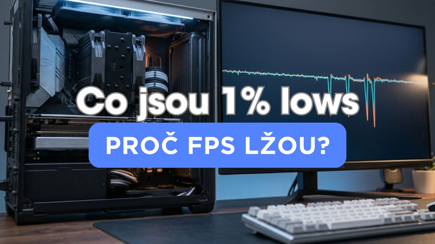 Herní monitor na stole zobrazující graf časů snímků s několika výraznými propady
