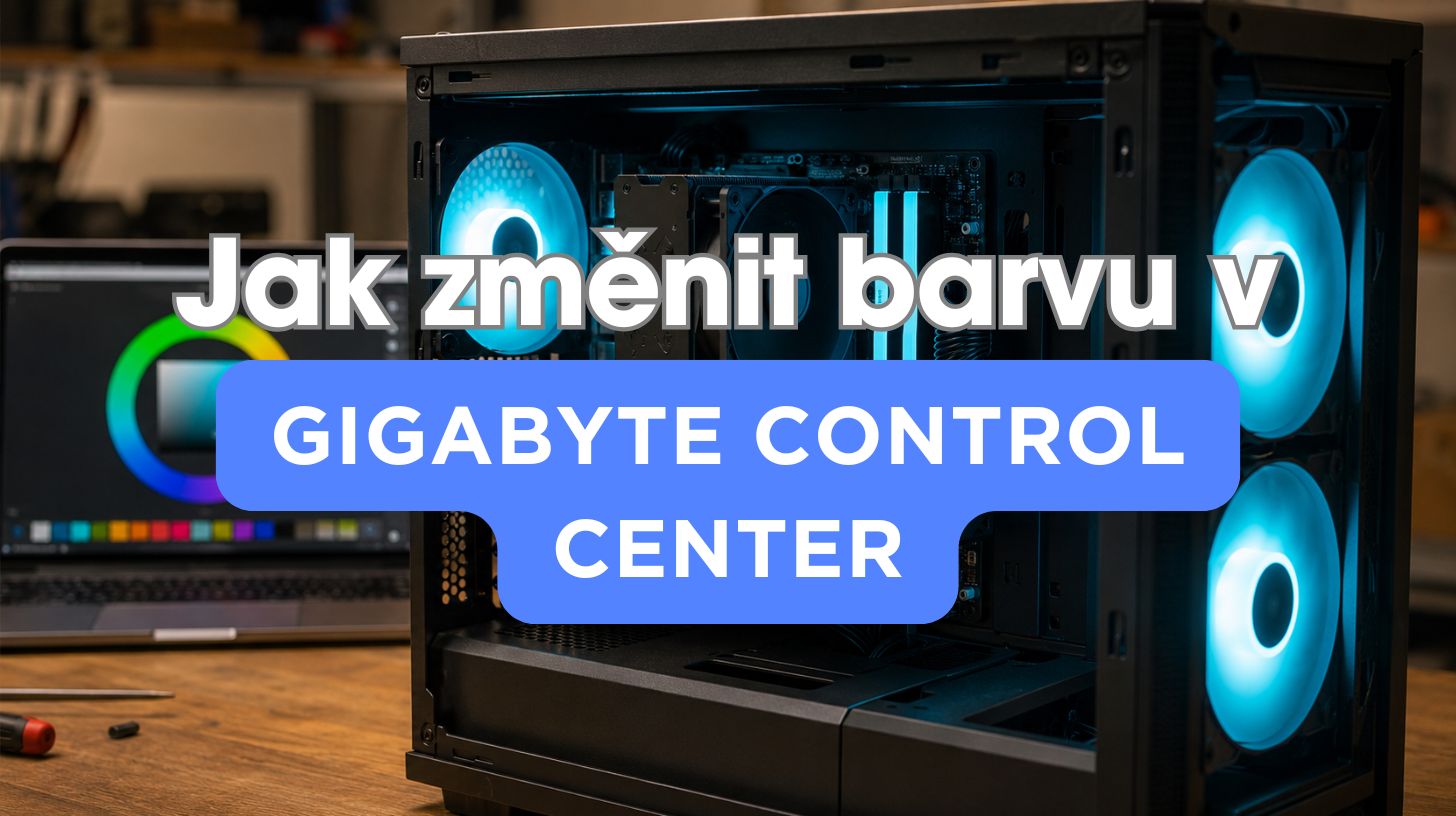 Základní deska Gigabyte s nasvícenými ventilátory a otevřeným oknem aplikace RGB Fusion na monitoru