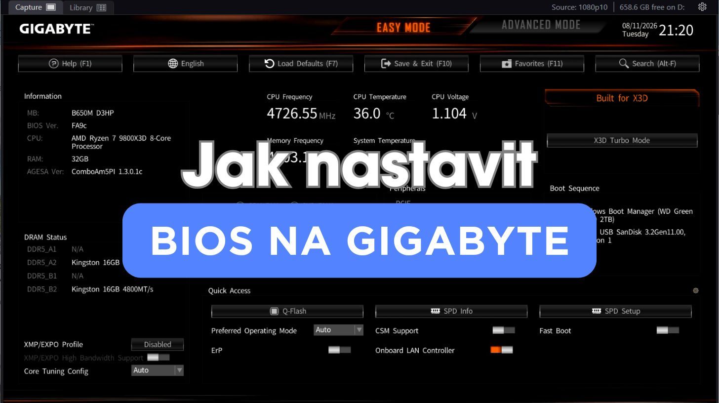 Základní deska Gigabyte B650M pro platformu AM5 připravená k nastavení BIOSu