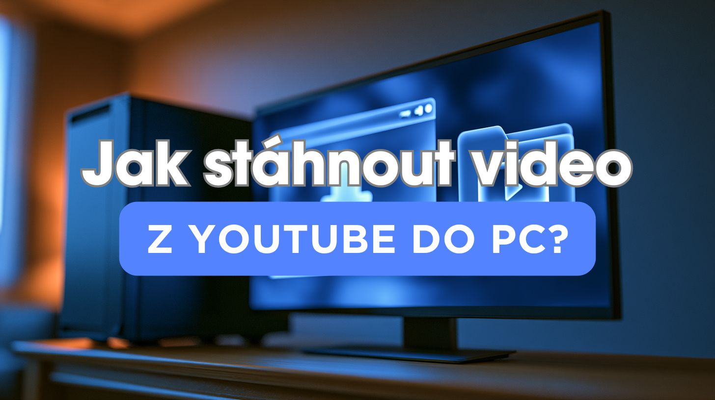 Notebook s otevřeným přehrávačem videa a ikonou stahování symbolizující ukládání videa do počítače