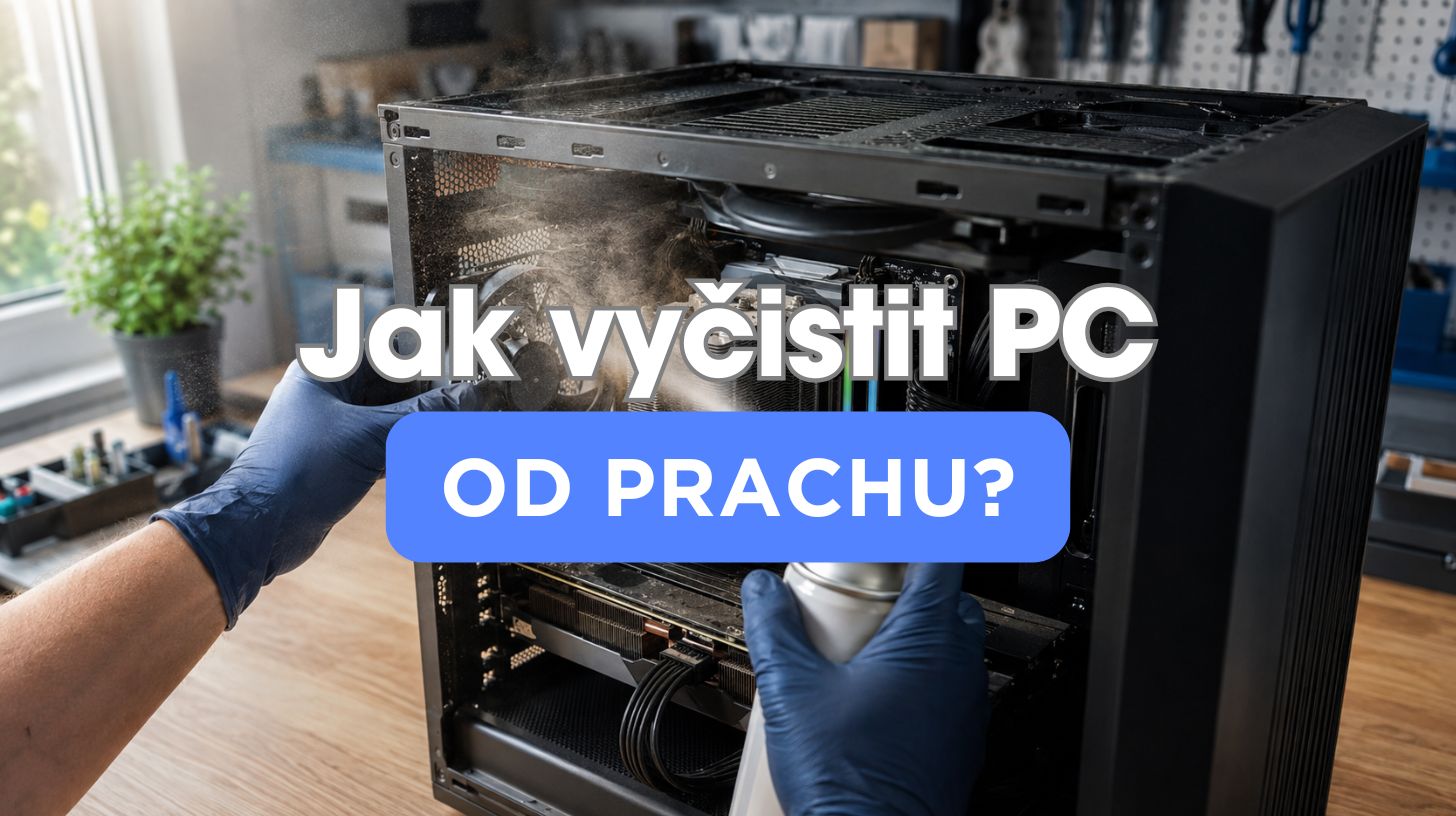 Čištění zaprášeného vnitřku herního počítače stlačeným vzduchem ze spreje