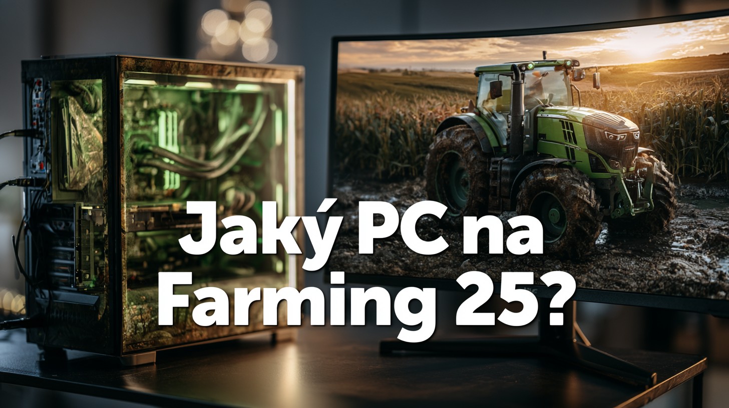 Traktor s pluhem na poli ve Farming Simulatoru 25 a diagram vytížení procesoru a grafické karty