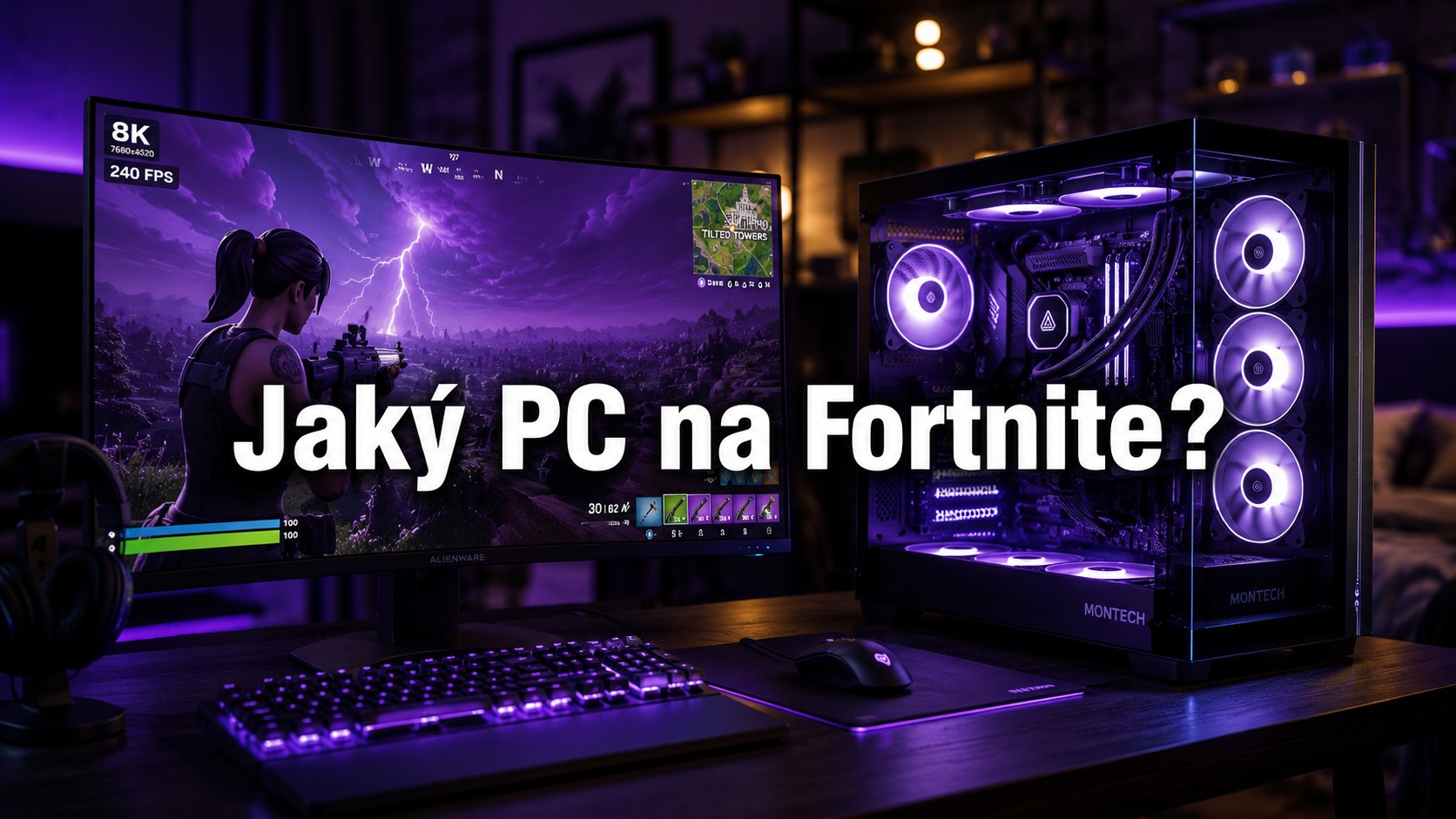 Herní počítač BestComp při měření snímkové frekvence ve Fortnite na monitoru s viditelným FPS counterem