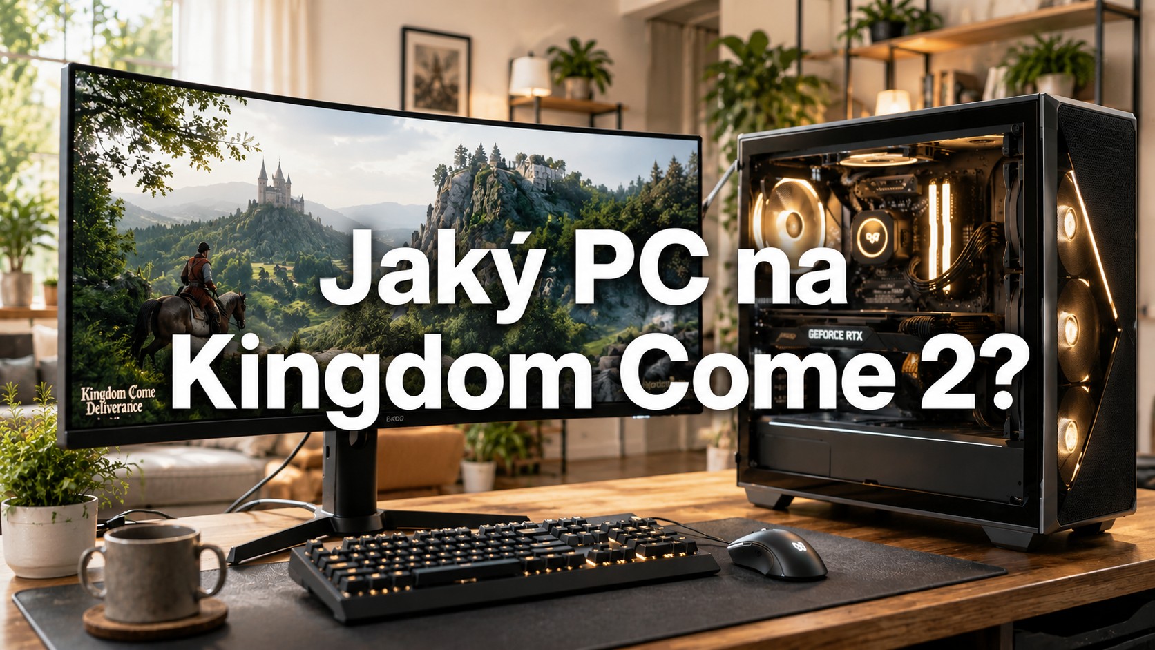 Herní počítač BestComp při měření snímkové frekvence v Kingdom Come: Deliverance II na monitoru s viditelným FPS counterem