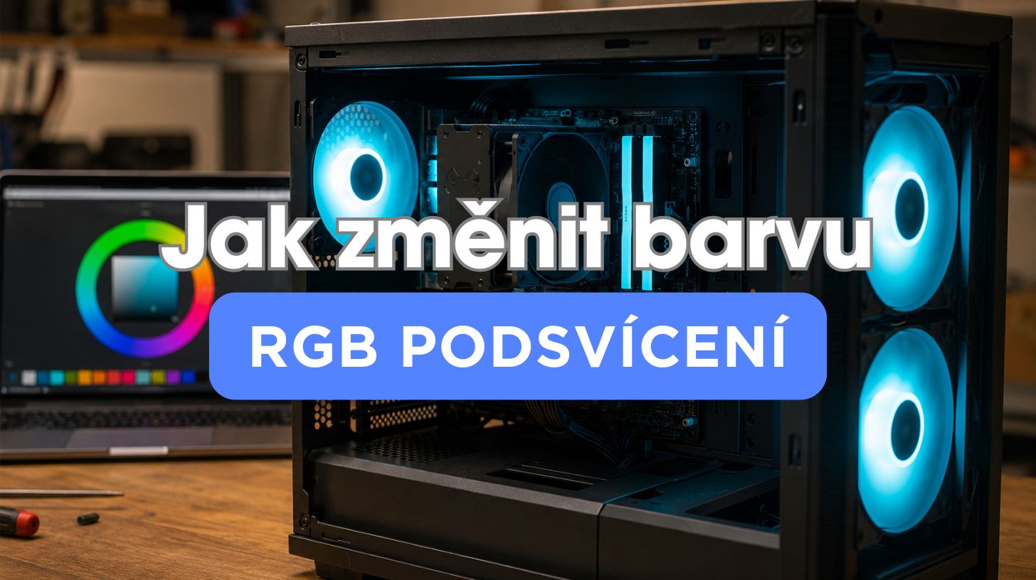 Vnitřek herního počítače s nasvícenými ventilátory a otevřeným oknem programu OpenRGB na monitoru
