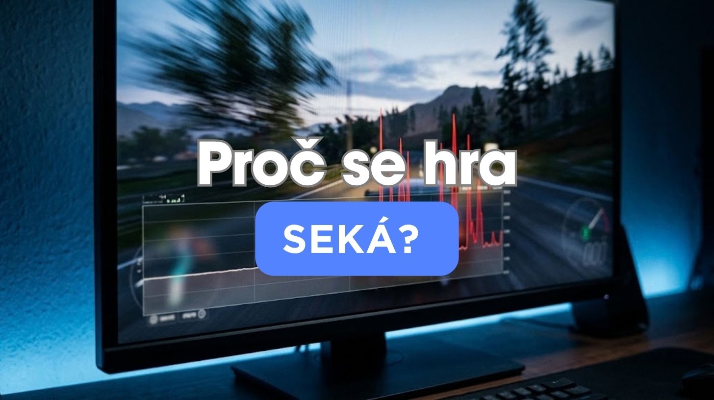 Graf času snímků s výraznými špičkami nad monitorem s rozehranou hrou, znázornění sekání při vysokých FPS
