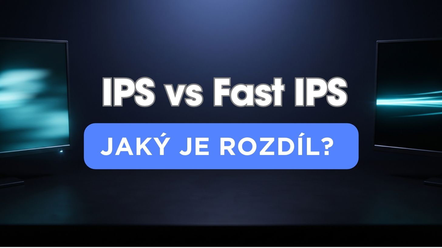 Dva herní monitory na tmavém stole, jeden s rozmazanou a druhý s ostrou světelnou stopou pohybu, ilustrace rozdílu odezvy IPS a Fast IPS
