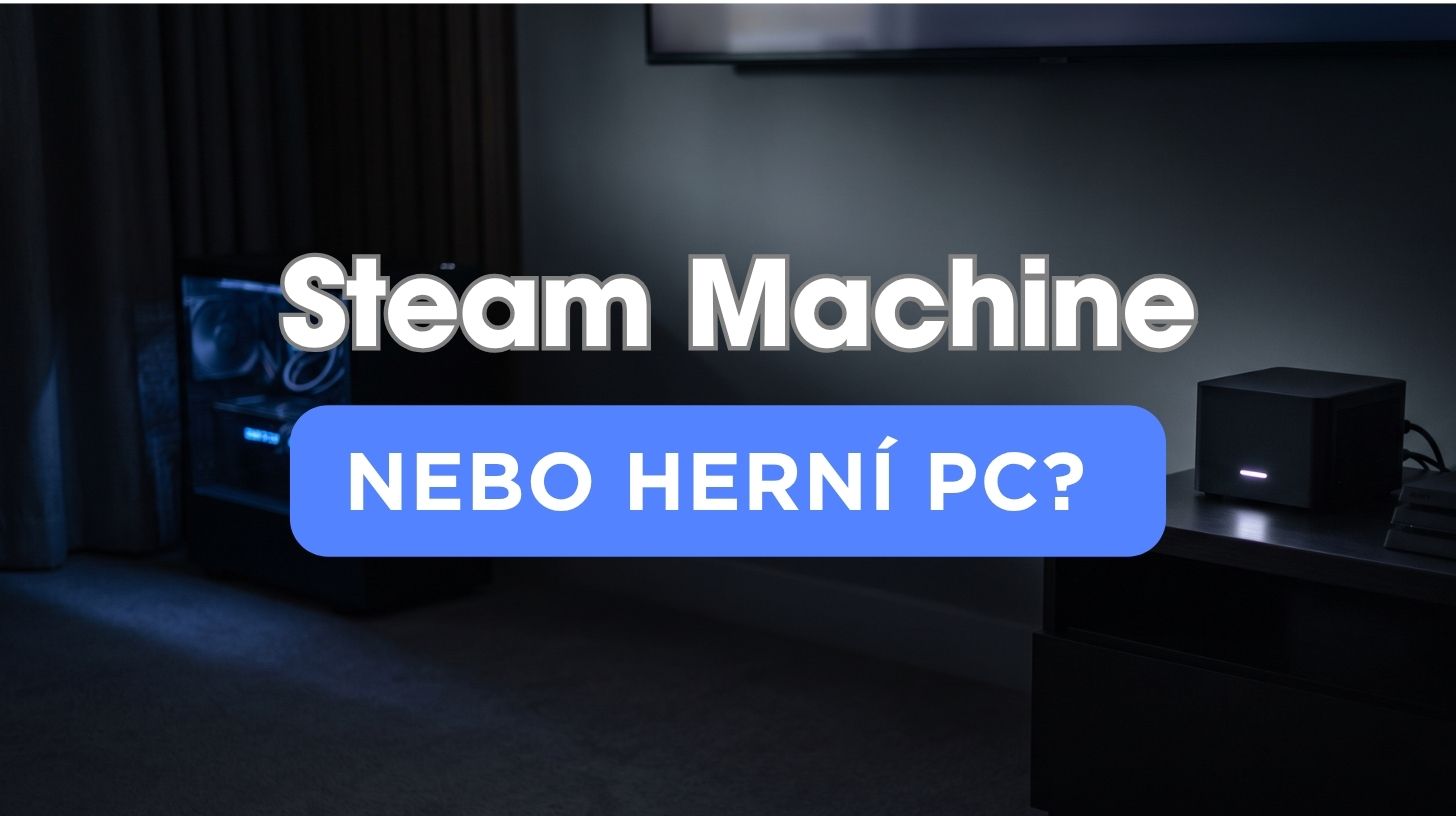 Malý herní počítač ve tvaru krychle pod televizí vedle klasické herní PC skříně