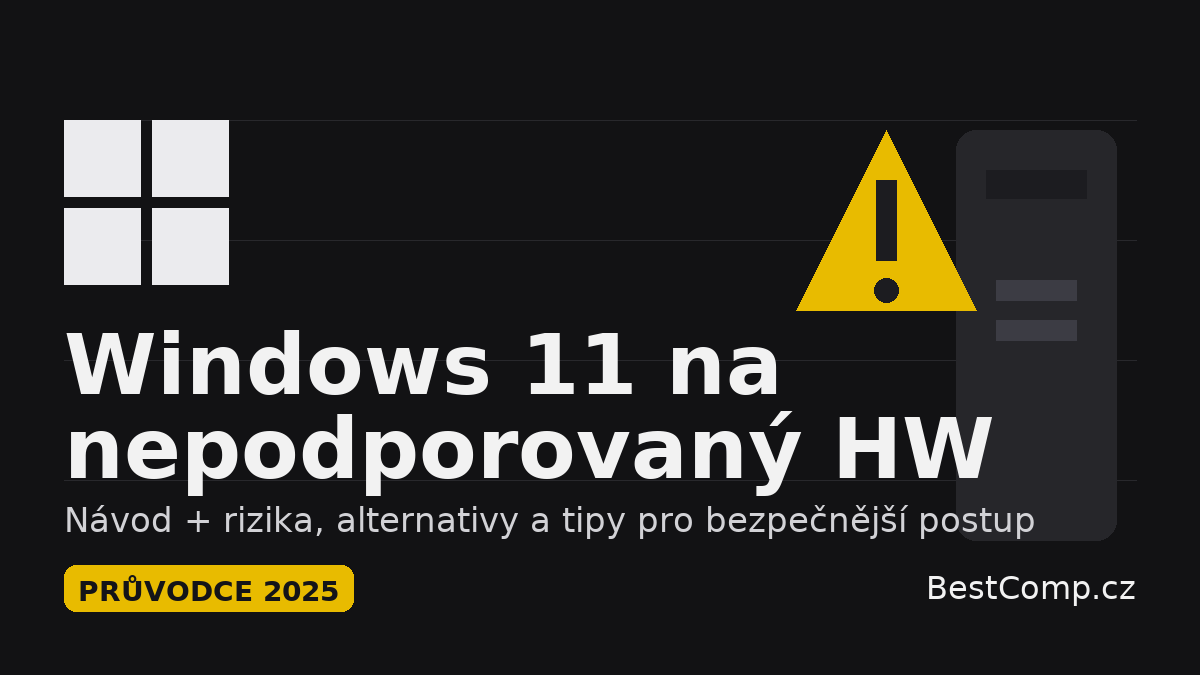 Starší stolní počítač s hláškou instalátoru Windows 11 o nesplnění hardwarových požadavků a s možnostmi, jak kontroly obejít